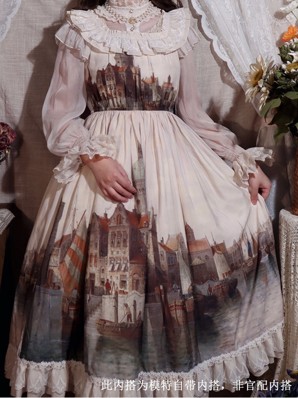 Lolita Victorian Lace Collar Scenic Print Long-Sleeve Dress - Cream & Brown
